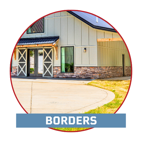 Borders Concrete Menu Icon with text and post frame recreational building with line border around driveway