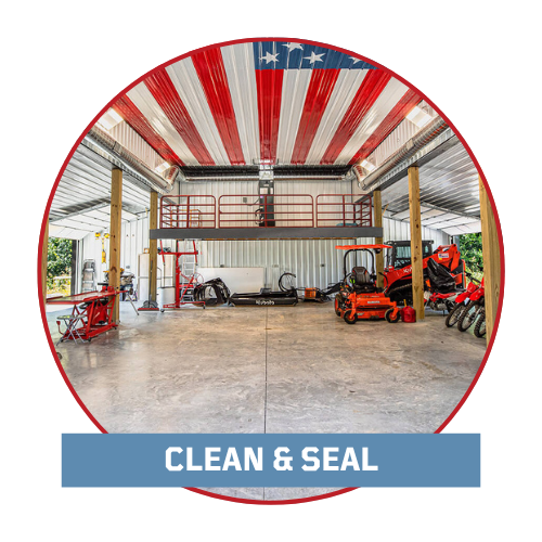 Clean and Seal Concrete Menu Icon with text and interior or garage with clean and seal floor