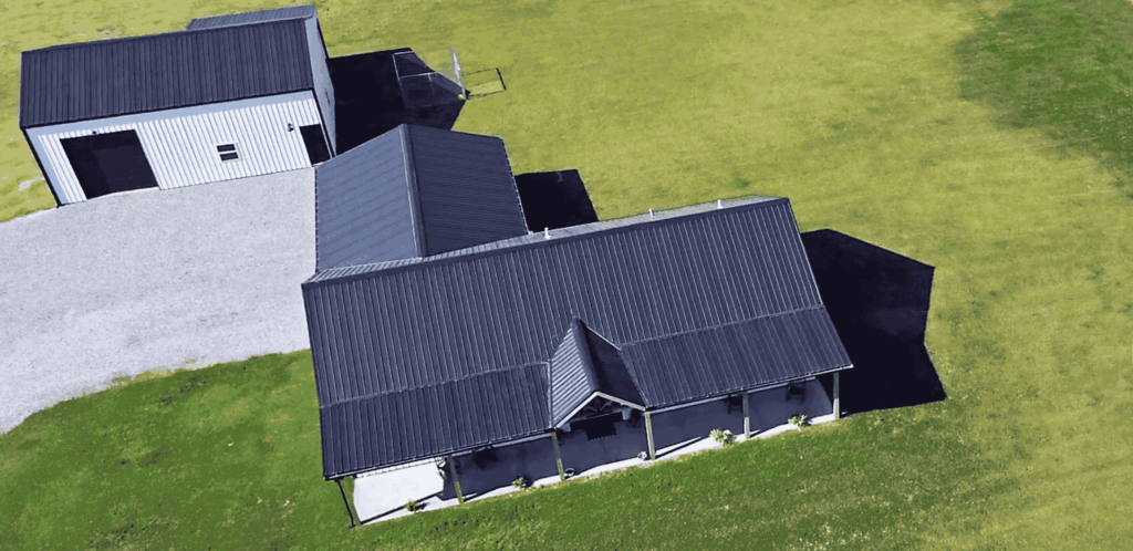 metal roofing and siding shown in aerial view of huntley barndominium