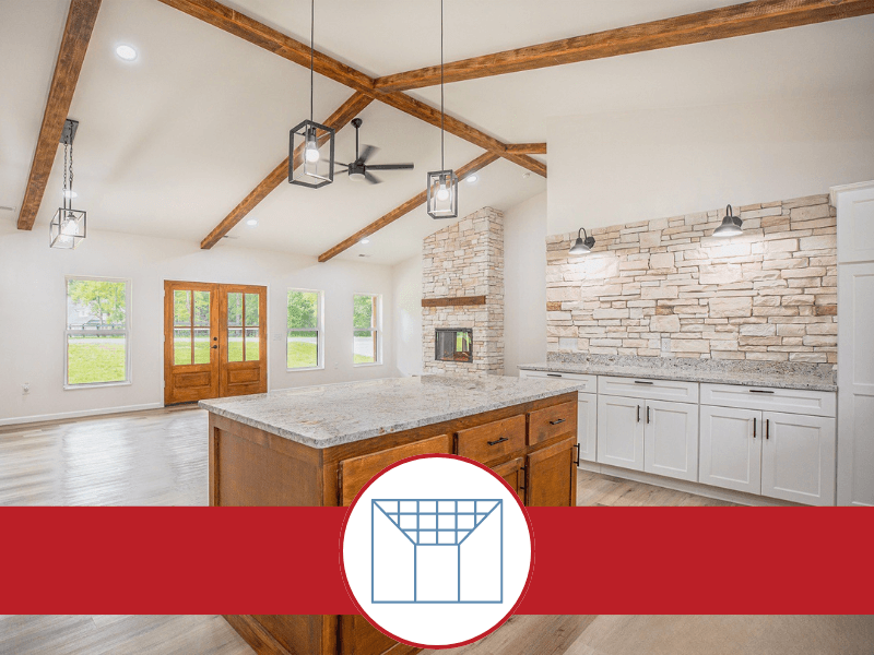 open interior barndominium living room and kitchen