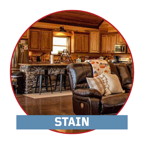 Stain Concrete Menu Icon with text and interior barndominium with stained concrete flooring in kitchen and living room