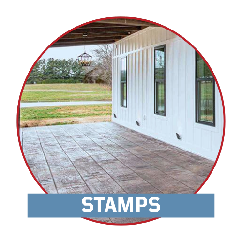 Stamps Concrete Menu Icon with text and front porch of home with stamped and colored concrete