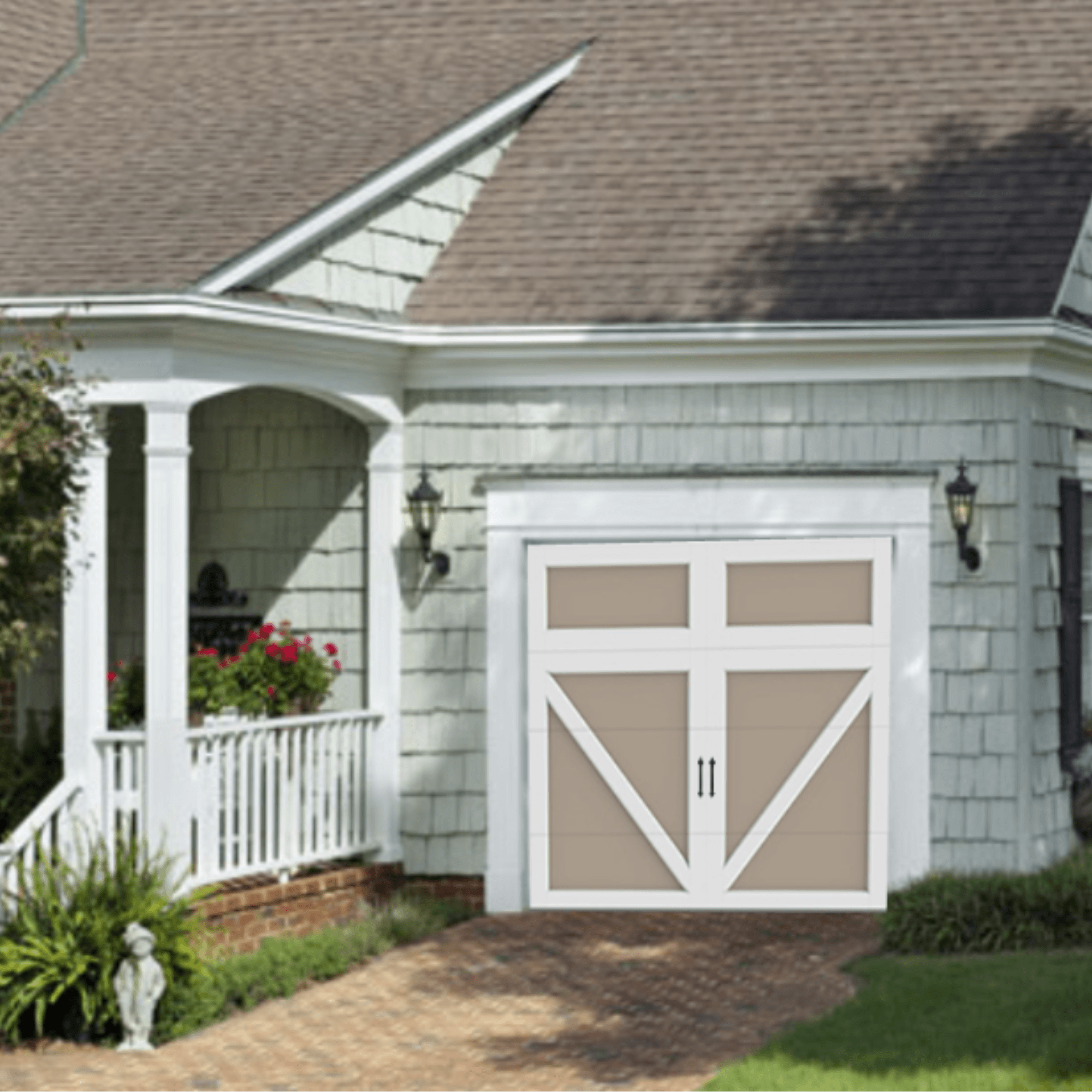 Carriage Court Kensington style garage door mockup with house
