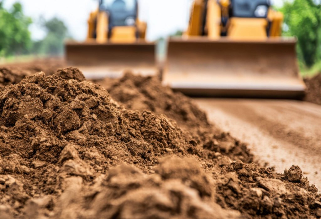 Asphalt road work planning concept. Heavy machinery grades dirt on a construction site, showcasing the process of land preparation for building projects.