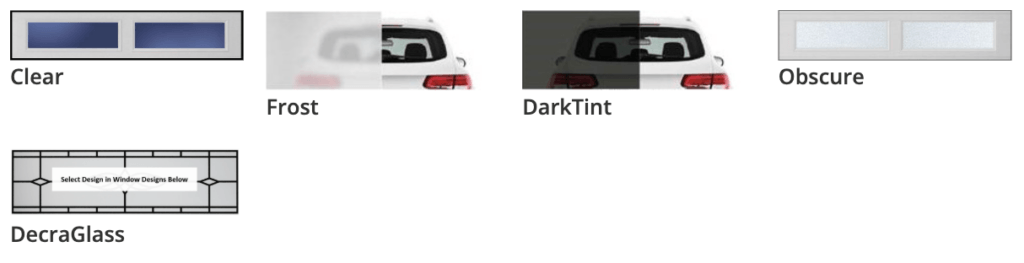 hillcrest garage door glass options: clear, obscure, tints