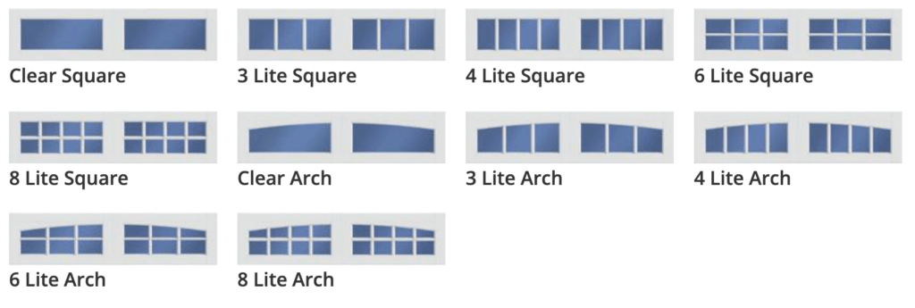 carriage court garage door window designs: arched, square, single, multiple